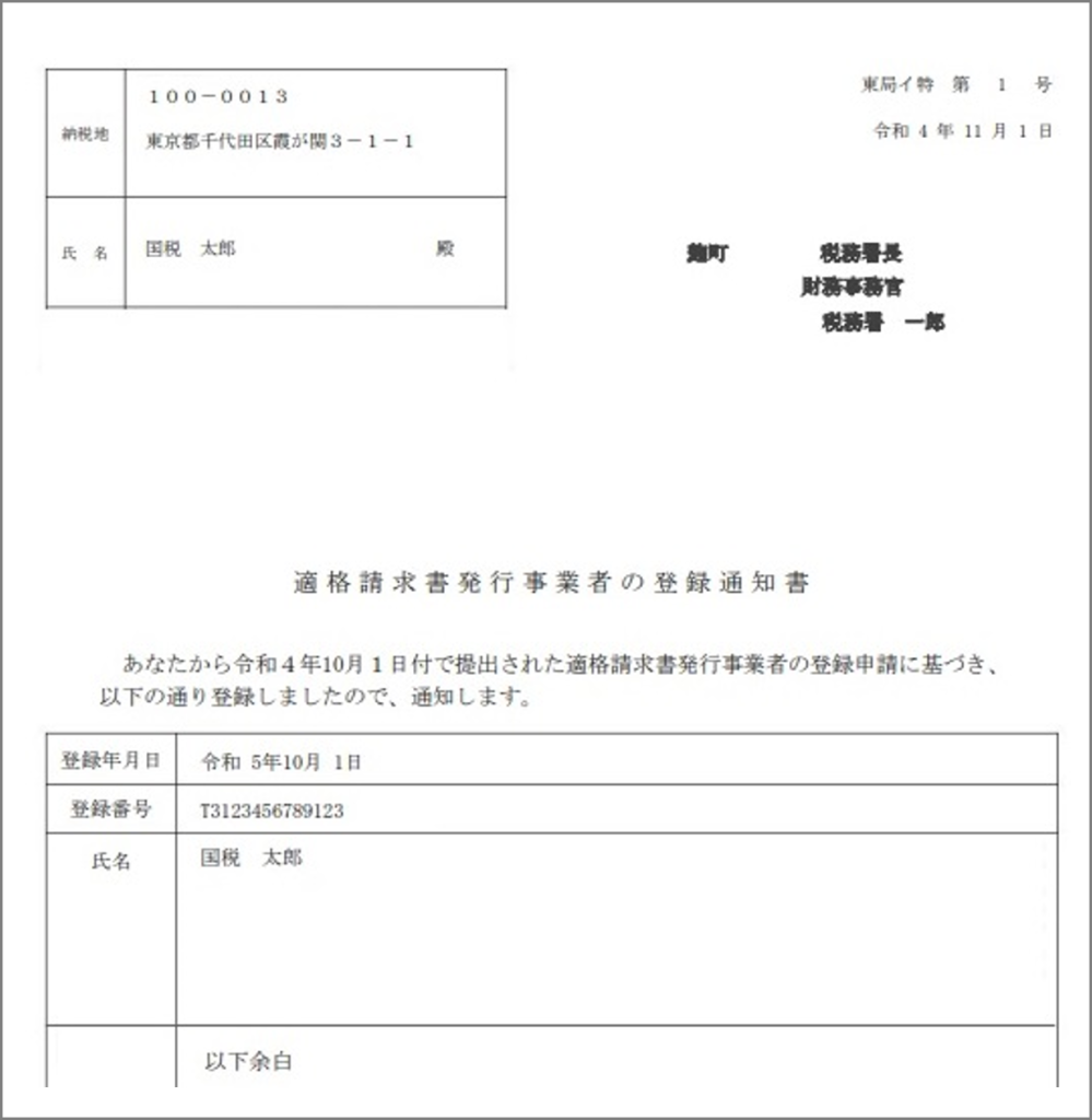 適格請求書発行事業者の登録通知書、登録年月日、登録番号、インボイス発行事業者の登録通知書、サンプル